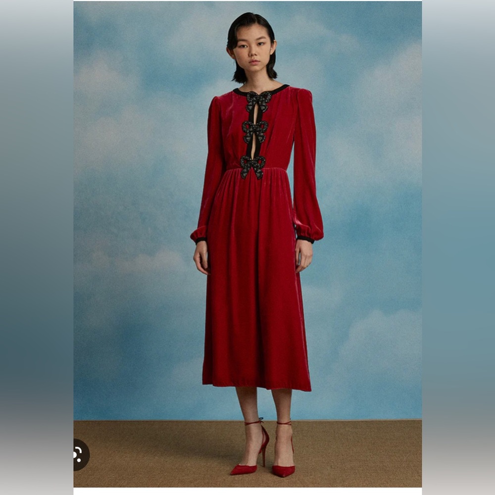 Saloni red velvet bow dress
